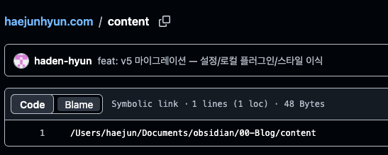 Fig 4. GitHub에서 심볼릭 링크로 등록된 content